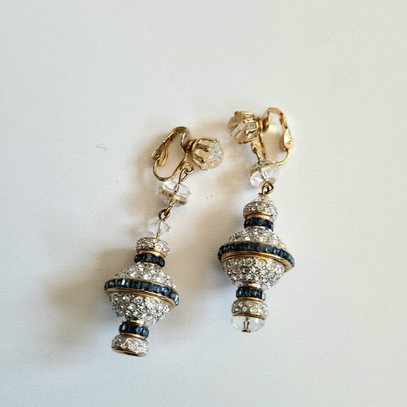 Large bridal clip on earrings with clear and blue rhinestones. - Picture 1 of 3